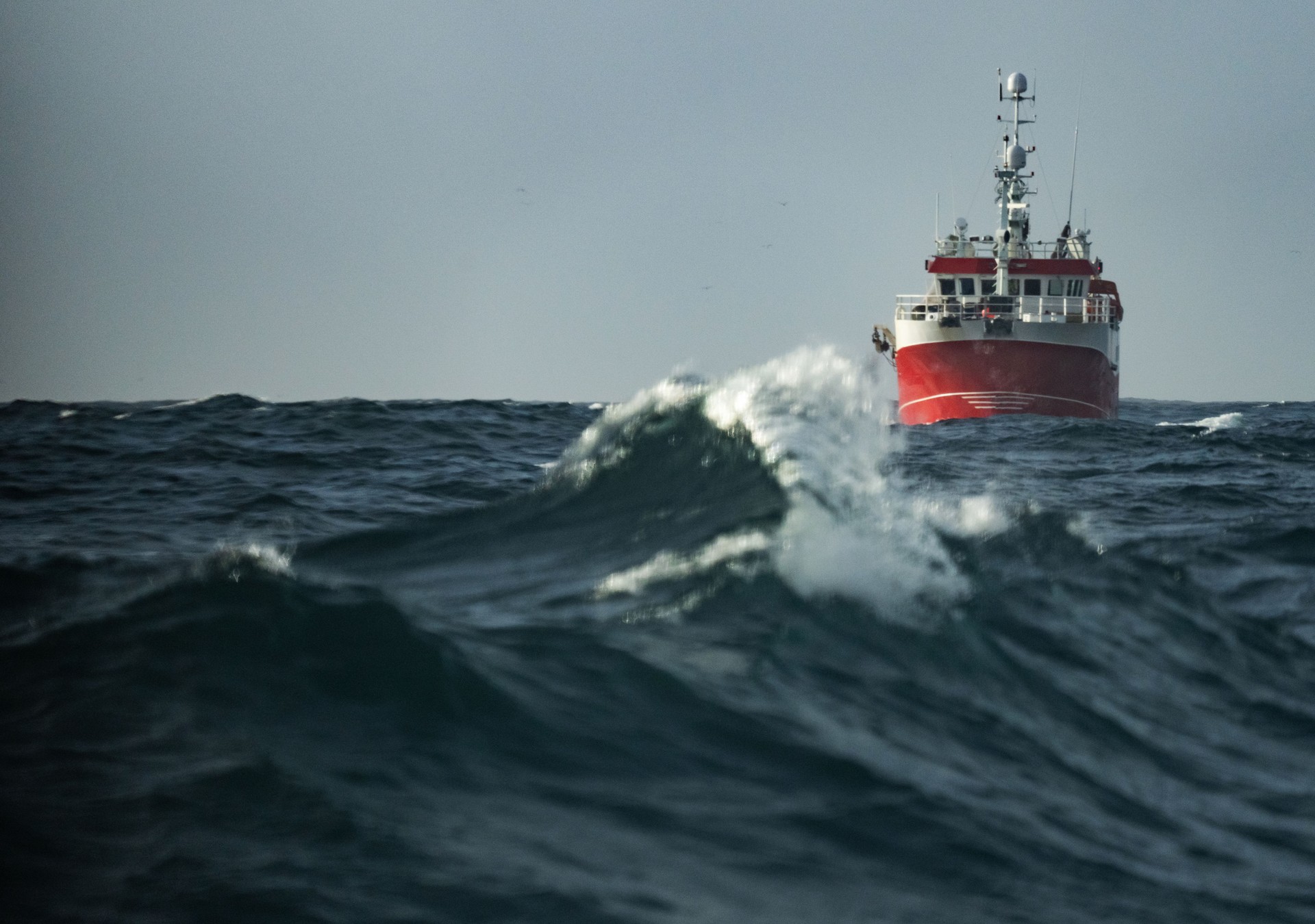 Fishing boat trawler sailing out at rough sea